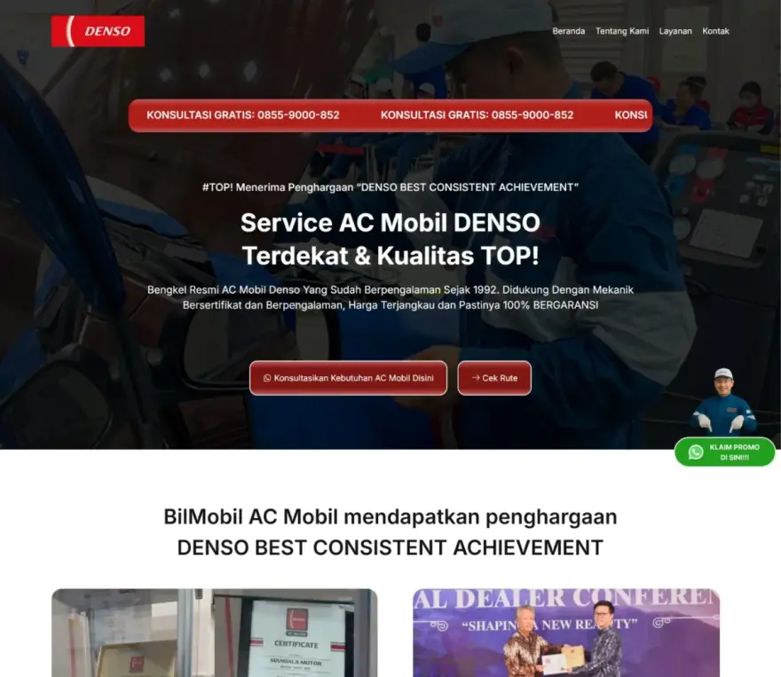 Website Service AC Mobil Denso buatan Seenau Digital